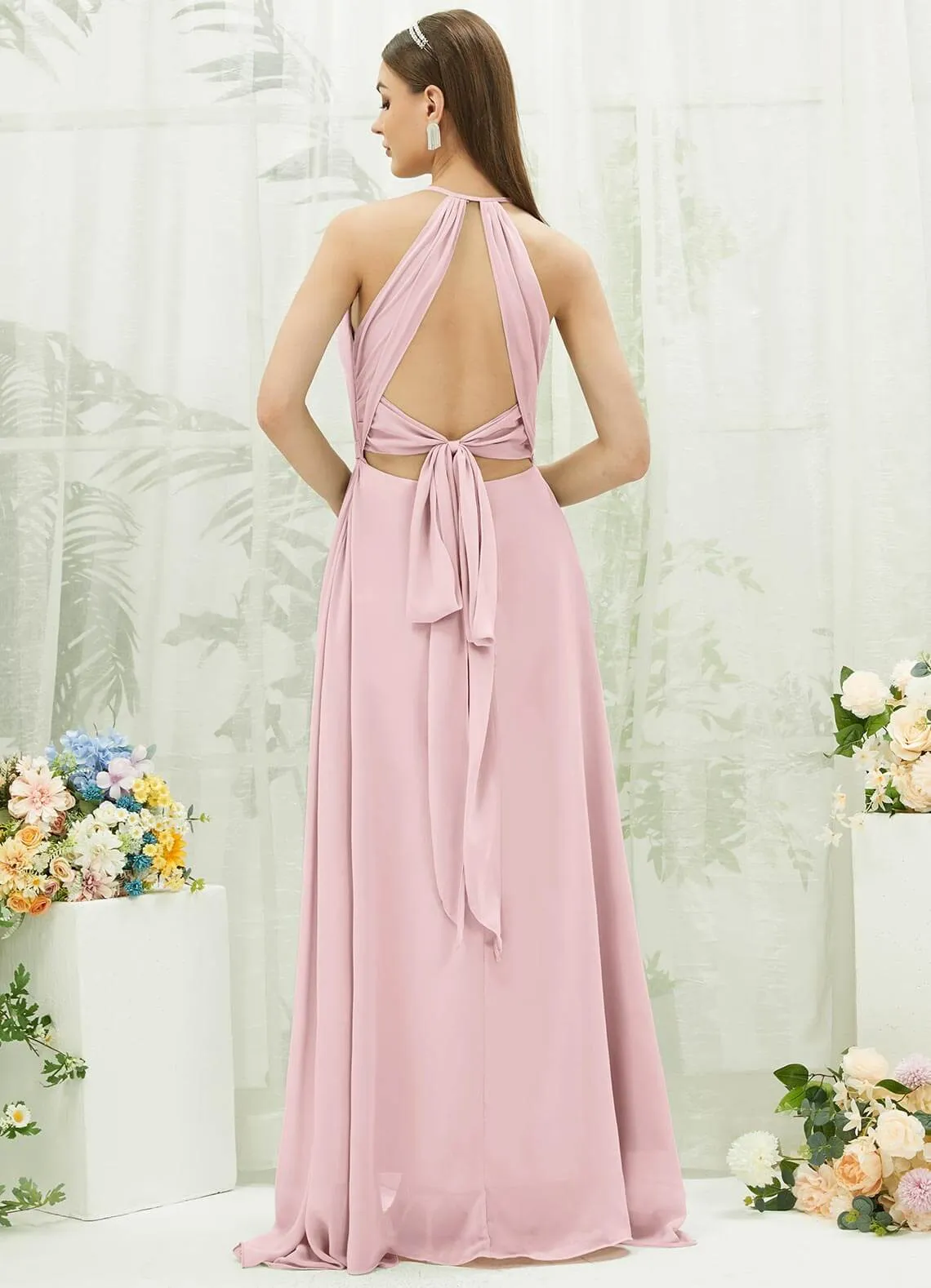 Blush Chiffon Halter V-Neck Slit  Backless Maxi Bridesmaid Dress