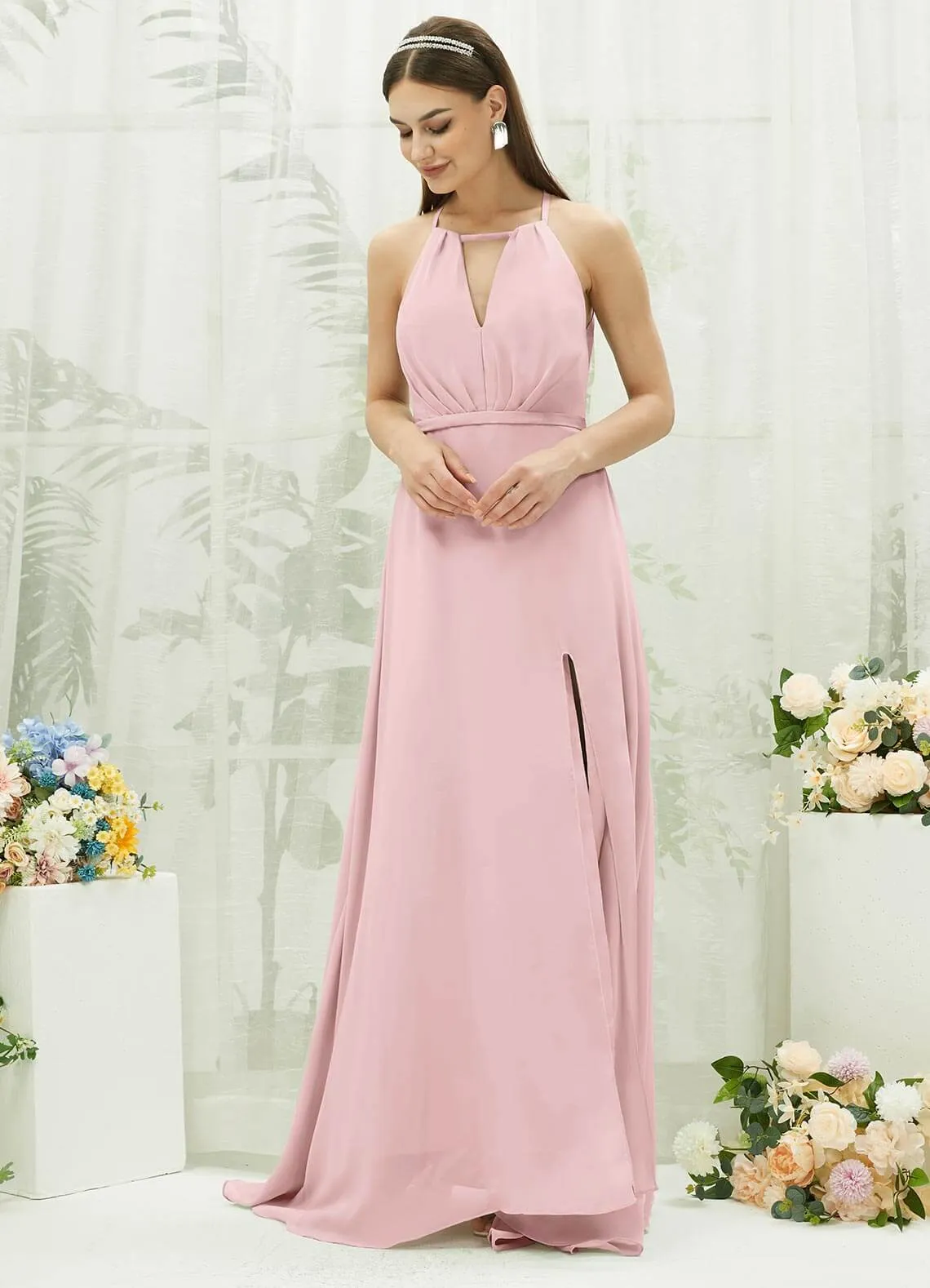 Blush Chiffon Halter V-Neck Slit  Backless Maxi Bridesmaid Dress
