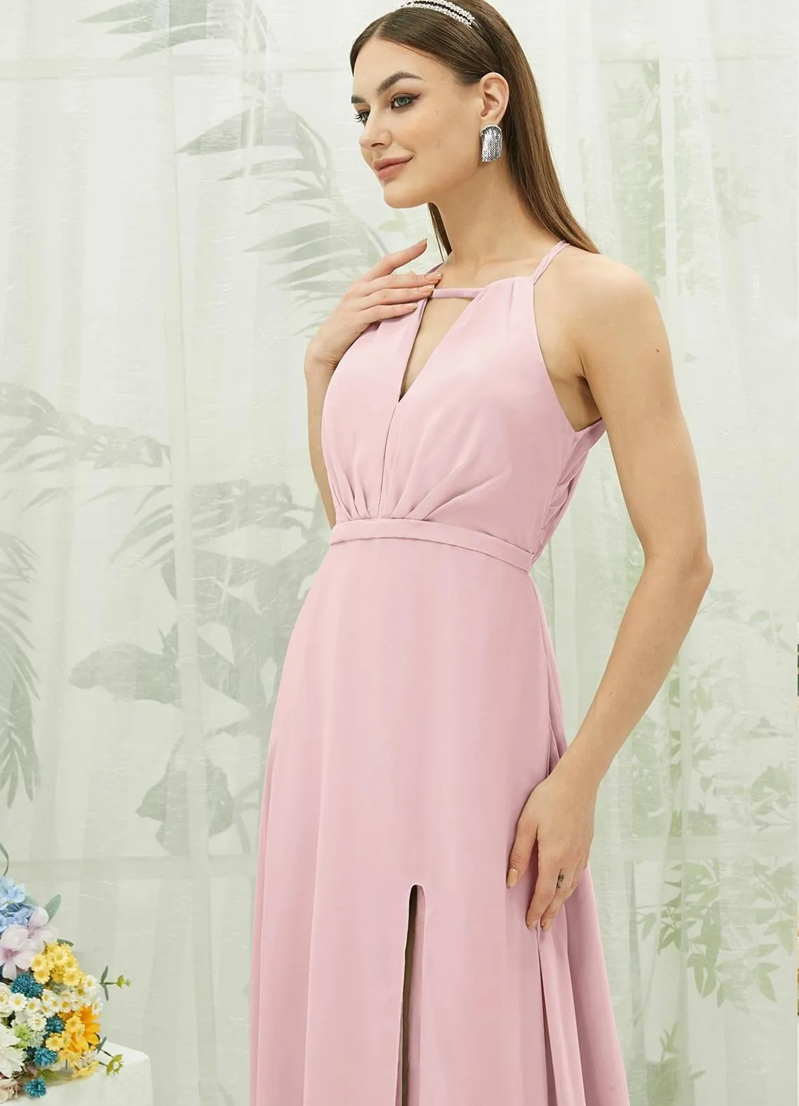 Blush Chiffon Halter V-Neck Slit  Backless Maxi Bridesmaid Dress