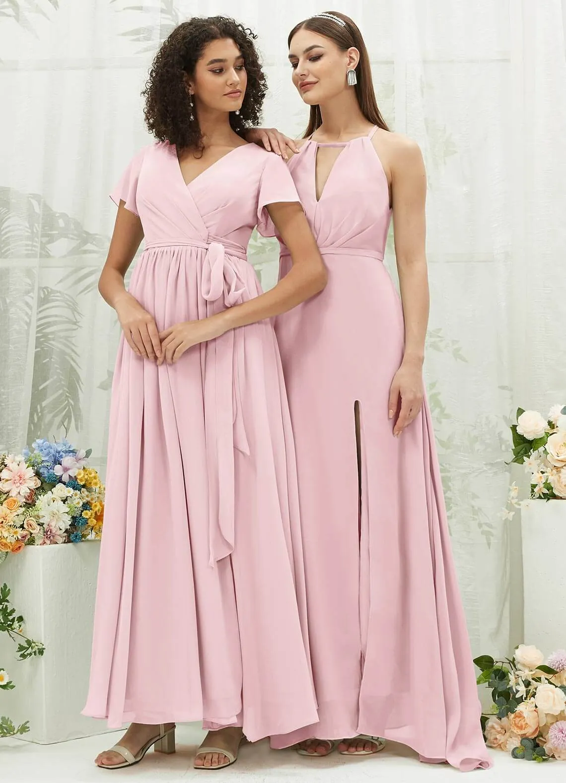 Blush Chiffon Halter V-Neck Slit  Backless Maxi Bridesmaid Dress