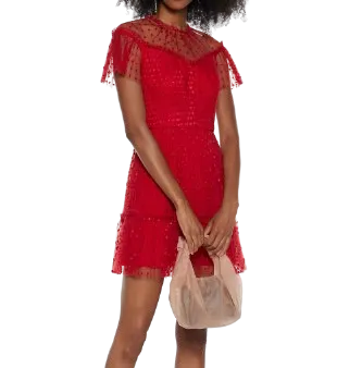 Monique Lhuillier Red heart Embroidered Tulle Mini Dress UK 8/10